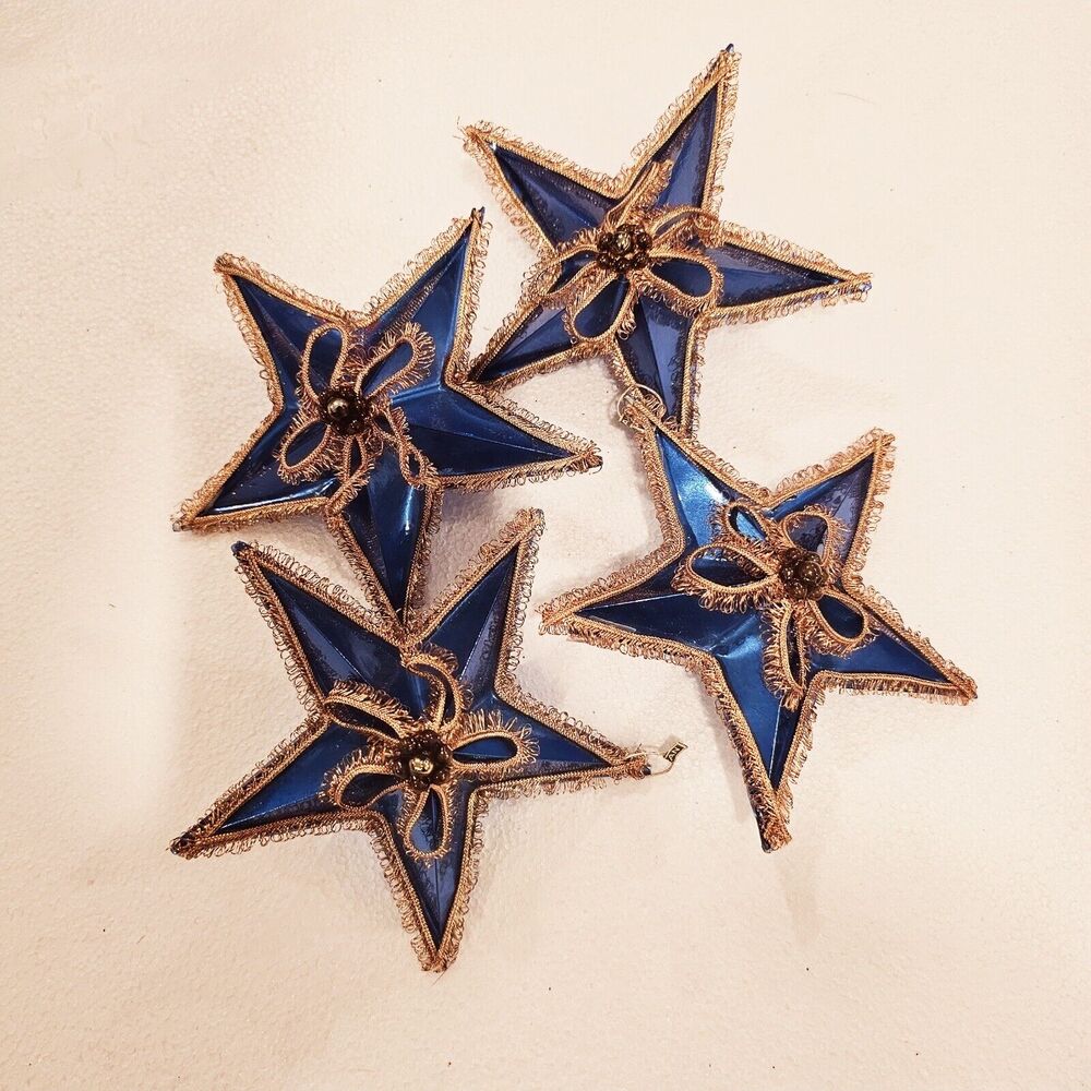 Vintage MCM Blue Gold Trim Stars 3D Plastic Christmas Ornaments 1960 Set Of 4